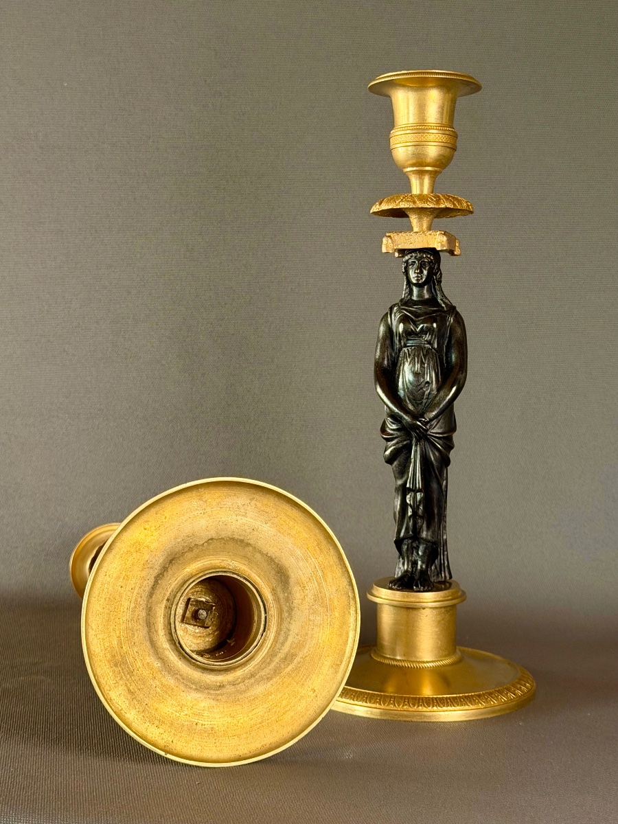 Pair Of Consulat Gilt And Patinated Bronze Candlesticks, Circa 1800-photo-1