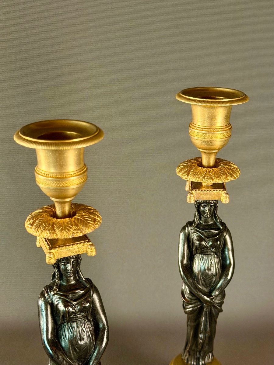 Pair Of Consulat Gilt And Patinated Bronze Candlesticks, Circa 1800-photo-2