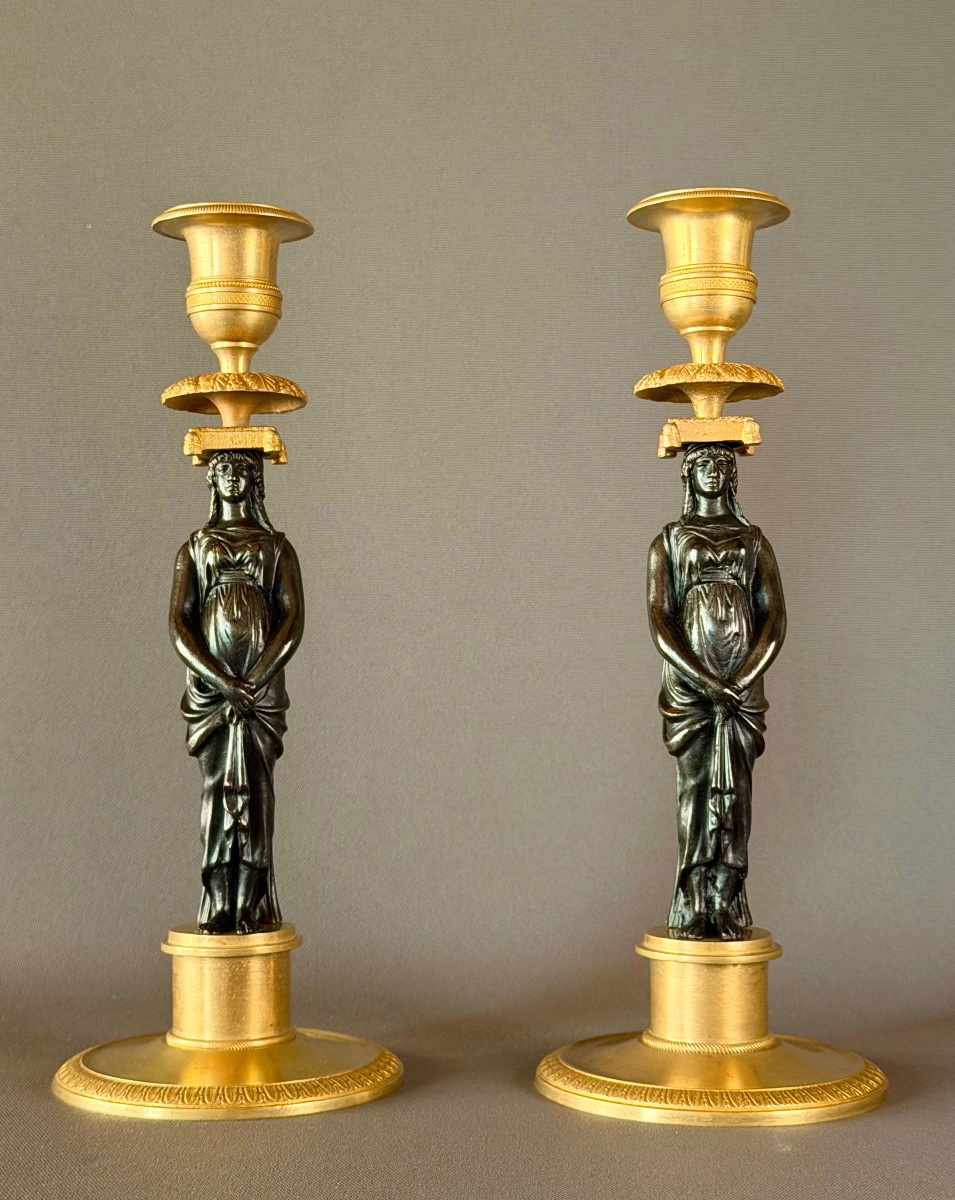 Pair Of Consulat Gilt And Patinated Bronze Candlesticks, Circa 1800