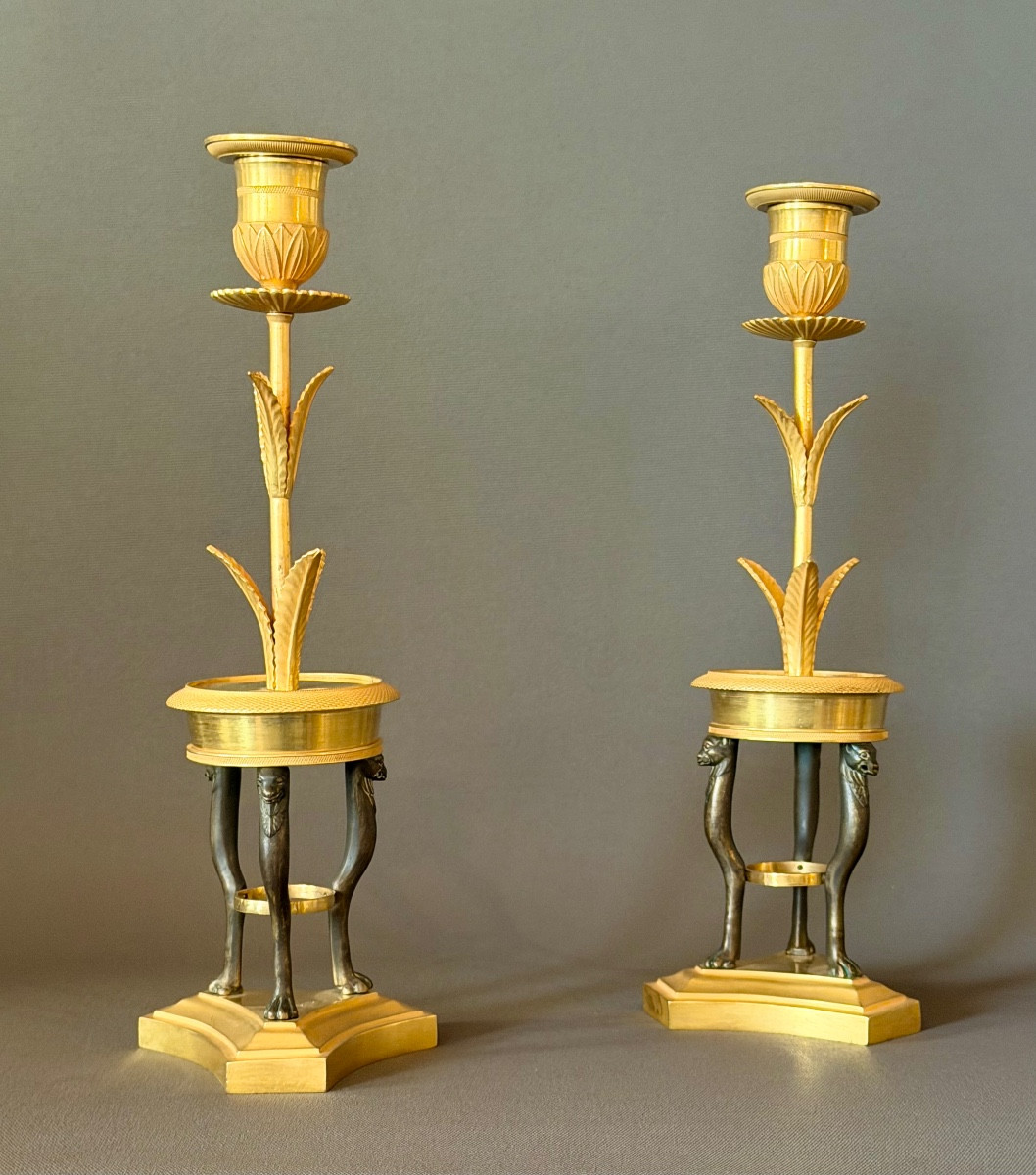 A Pair Of Consulat Gilt And Patinated Bronze Candlesticks. Circa 1800-photo-2