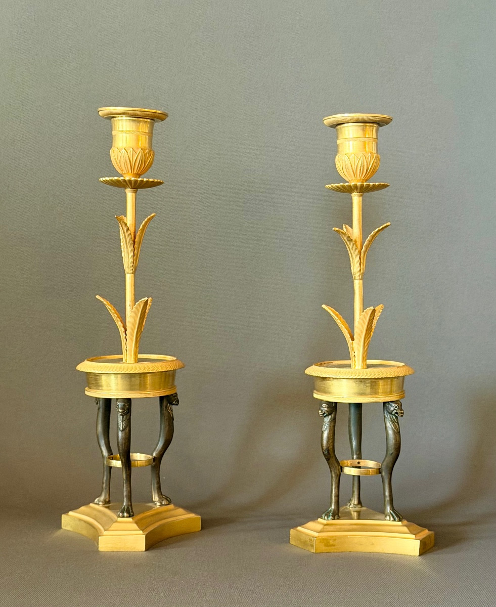 A Pair Of Consulat Gilt And Patinated Bronze Candlesticks. Circa 1800-photo-3