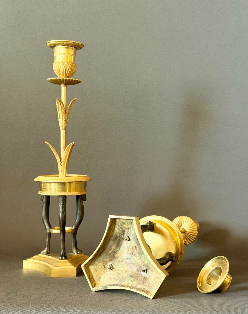 A Pair Of Consulat Gilt And Patinated Bronze Candlesticks. Circa 1800-photo-4