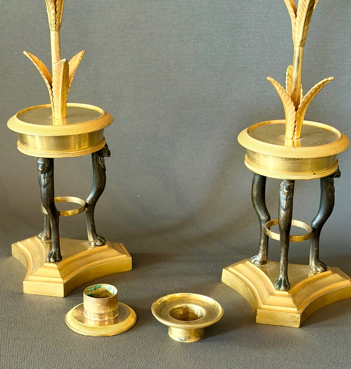 A Pair Of Consulat Gilt And Patinated Bronze Candlesticks. Circa 1800-photo-1