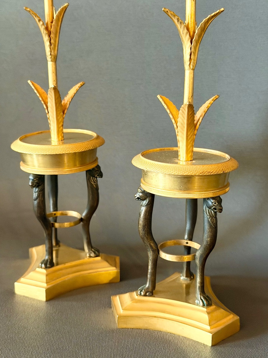A Pair Of Consulat Gilt And Patinated Bronze Candlesticks. Circa 1800-photo-2