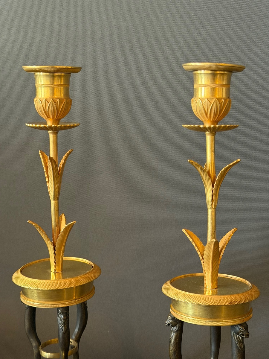 A Pair Of Consulat Gilt And Patinated Bronze Candlesticks. Circa 1800-photo-3