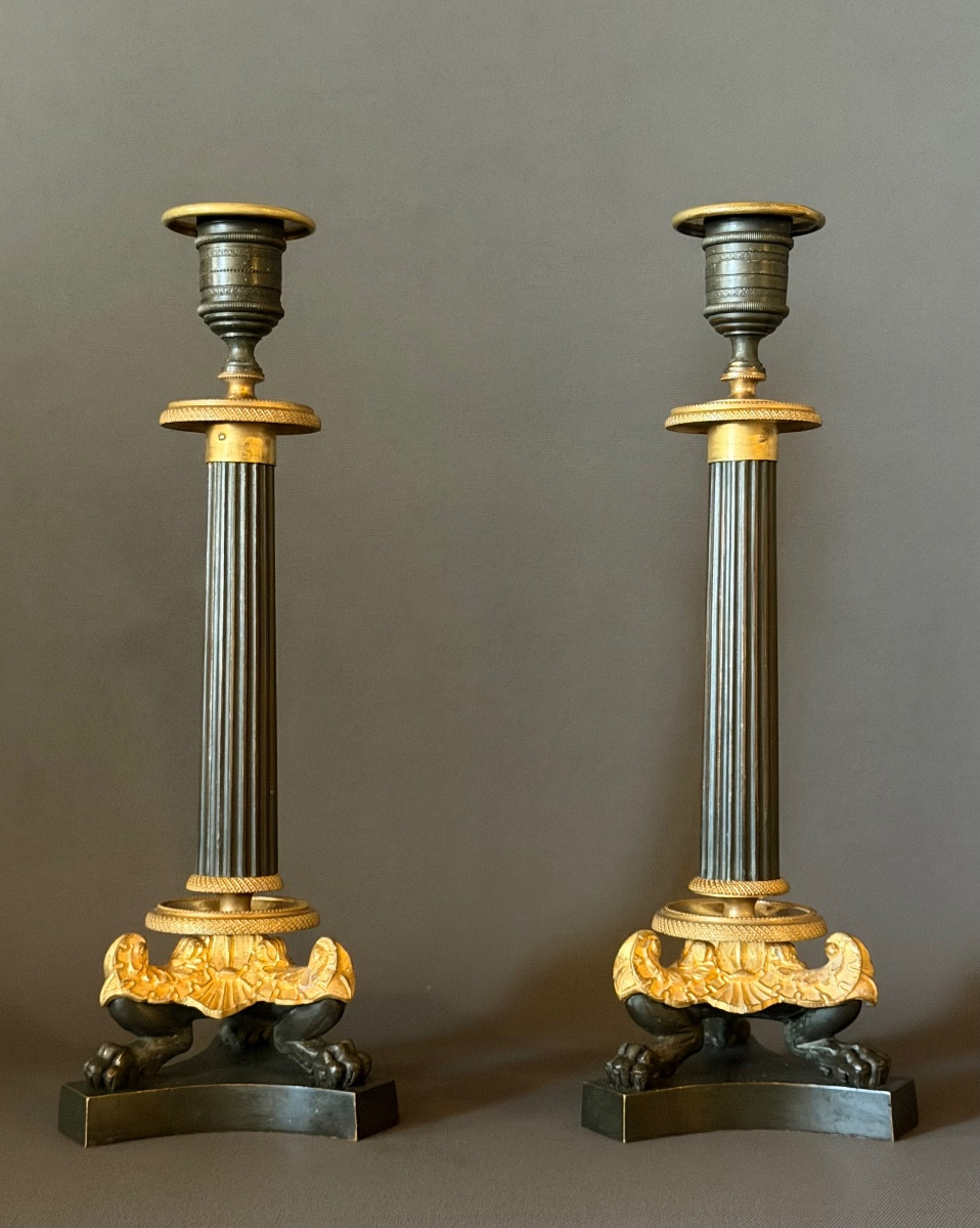 A Pair Of Restauration Patinated And Gilt Bronze Candlesticks. Circa 1830-photo-2