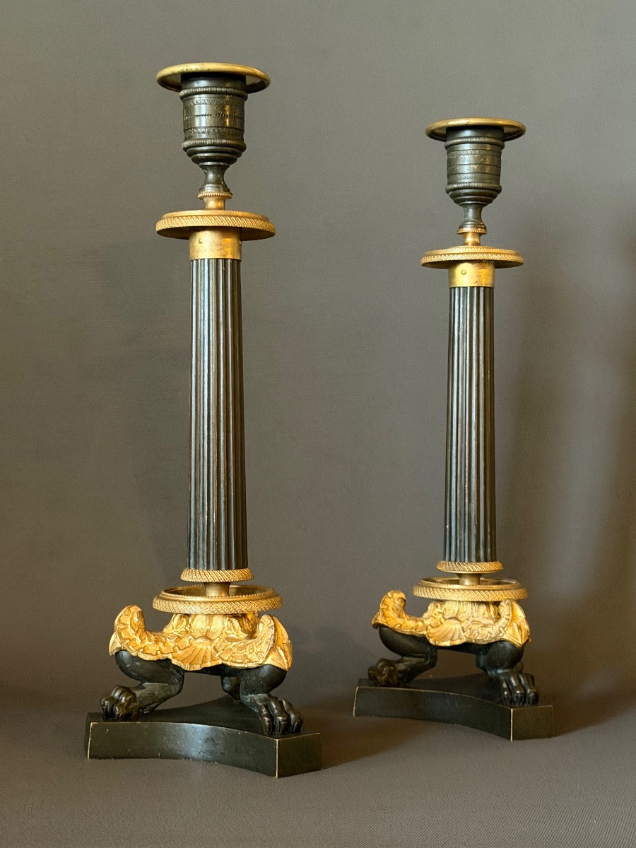 A Pair Of Restauration Patinated And Gilt Bronze Candlesticks. Circa 1830-photo-3