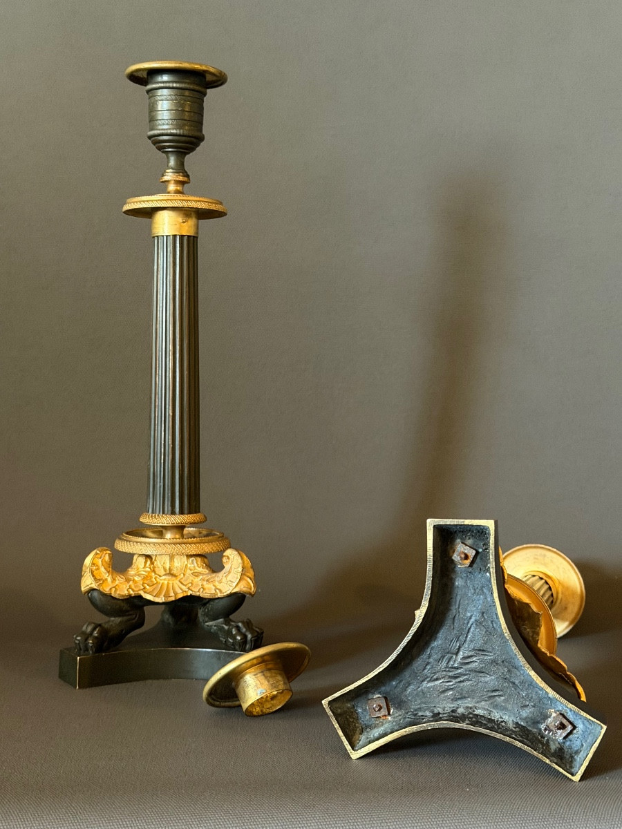 A Pair Of Restauration Patinated And Gilt Bronze Candlesticks. Circa 1830-photo-4