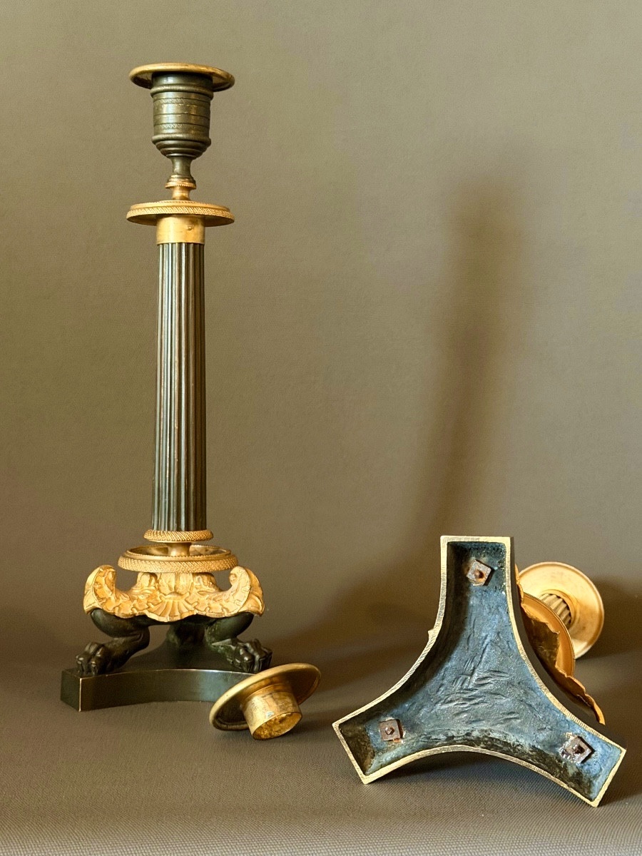 Paire de flambeaux d’époque  Restauration en bronze patiné et doré. Vers 1820-photo-4