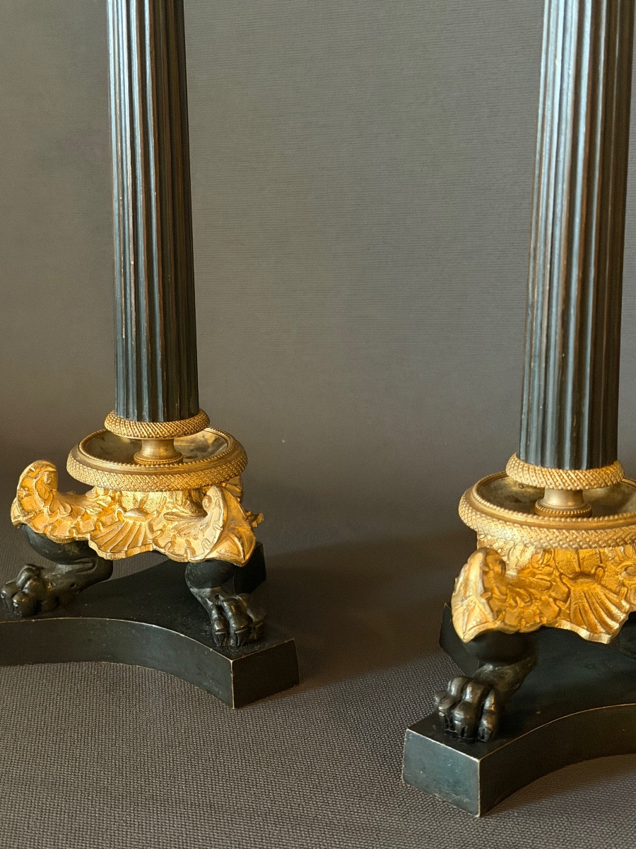 A Pair Of Restauration Patinated And Gilt Bronze Candlesticks. Circa 1830-photo-1