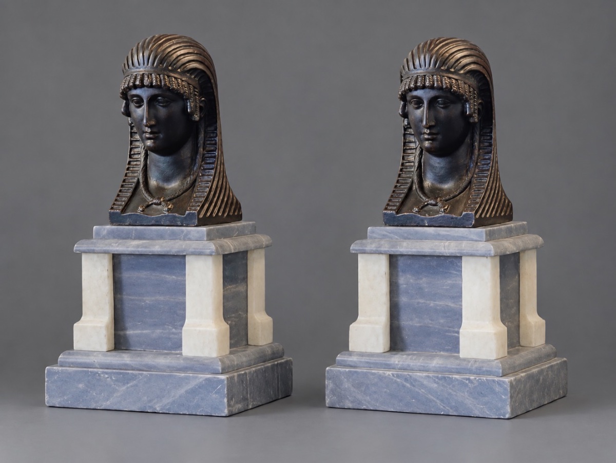 Paire de figures Empire en bronze patiné représentant des têtes d’Égyptiennes. 