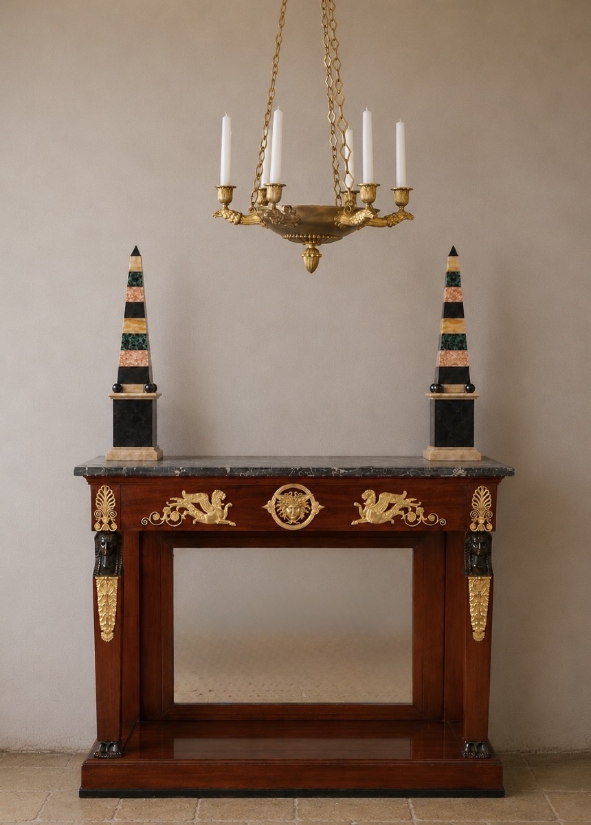 An Empire Mahogany And Blackened Wood Console Table. Early 19th Century.