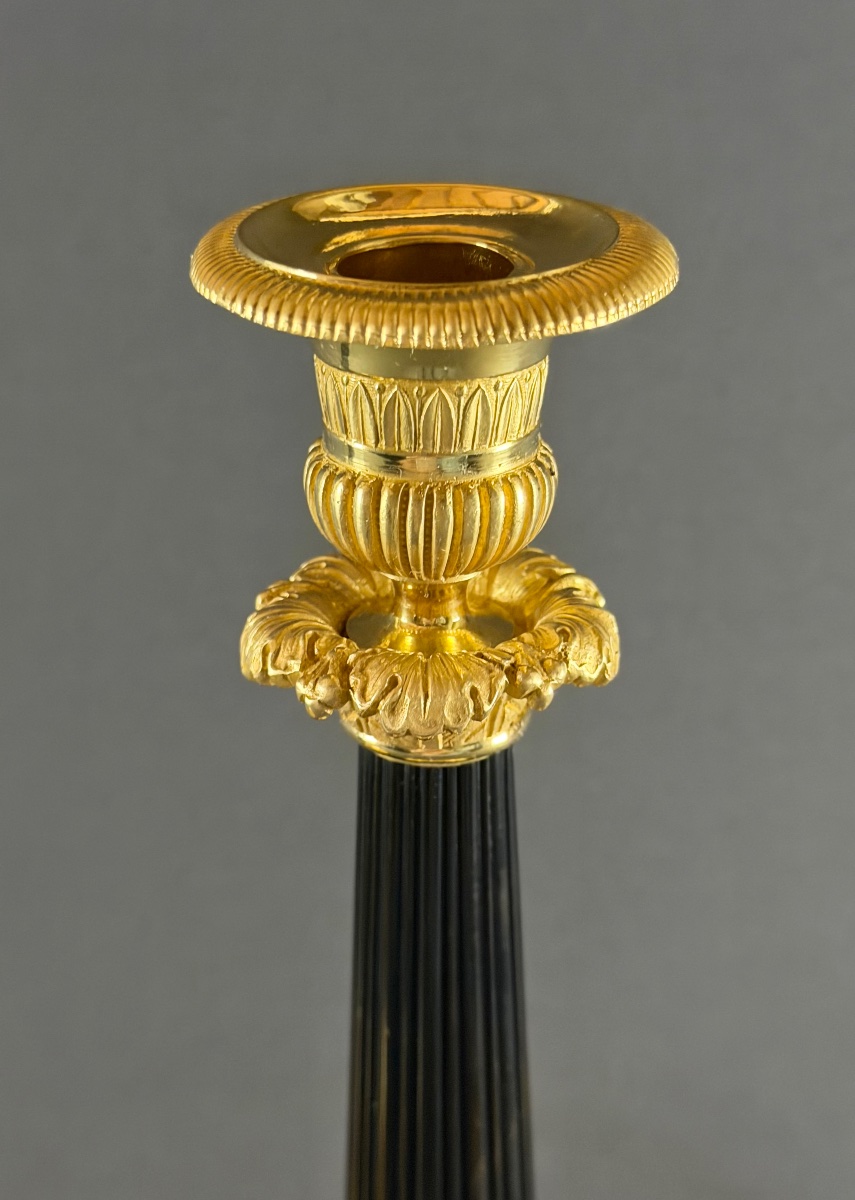 A Pair Of French Restoration Gilt And Patinated Bronze Candlesticks, Circa 1830.-photo-2