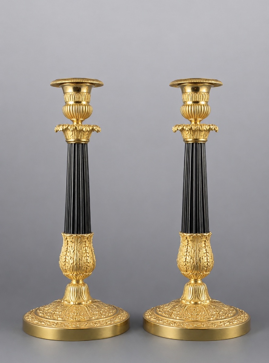 A Pair Of French Restoration Gilt And Patinated Bronze Candlesticks, Circa 1830.