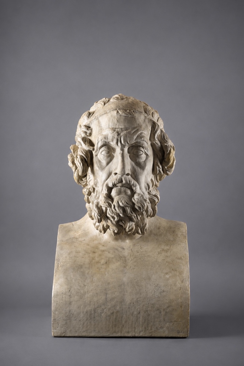 à Large Plaster Hermaic Bust Of Homer. 19th Century. 