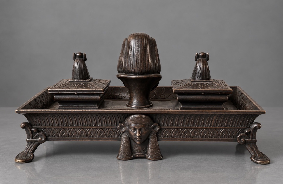 Neo-egyptian Patinated Bronze Inkwell. Second Half Of The 19th Century-photo-2