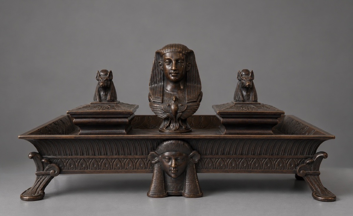 Neo-egyptian Patinated Bronze Inkwell. Second Half Of The 19th Century