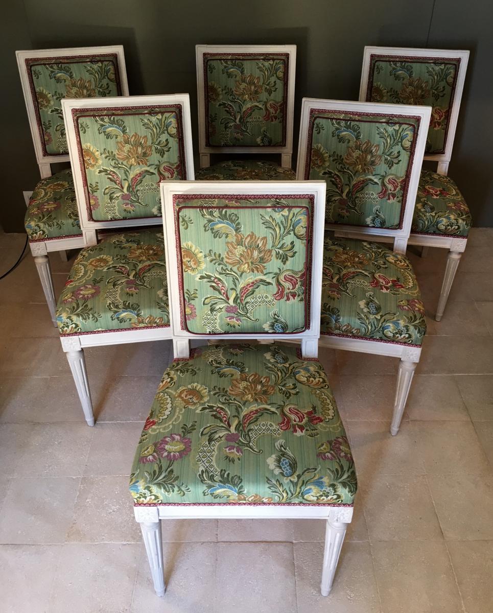 Suite De Six Chaises Louis XVI Relaquées Crème.-photo-3