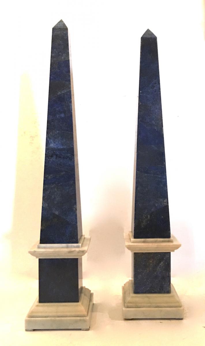 Paire d'Obélisques En Placage De Lapis-lazuli Et Marbre Blanc. Travail Italien, XXe Siècle.-photo-2