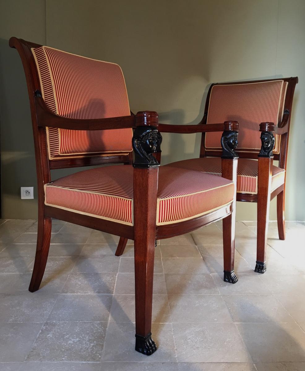 Pair Of Empire Mahogany Armchairs.-photo-2