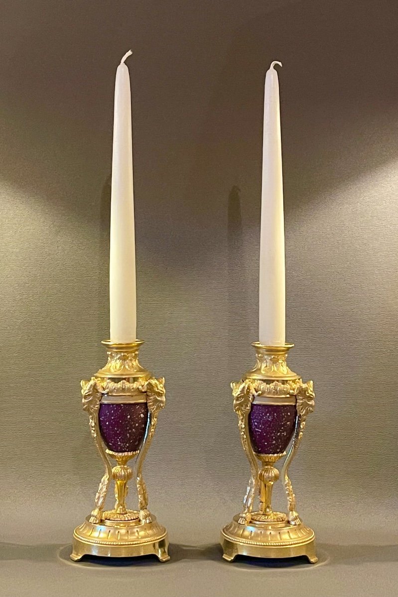 Paire De Petites Cassolettes En Athénienne En Bronze Doré Et Porphyre De Style Louis XVI. -photo-5