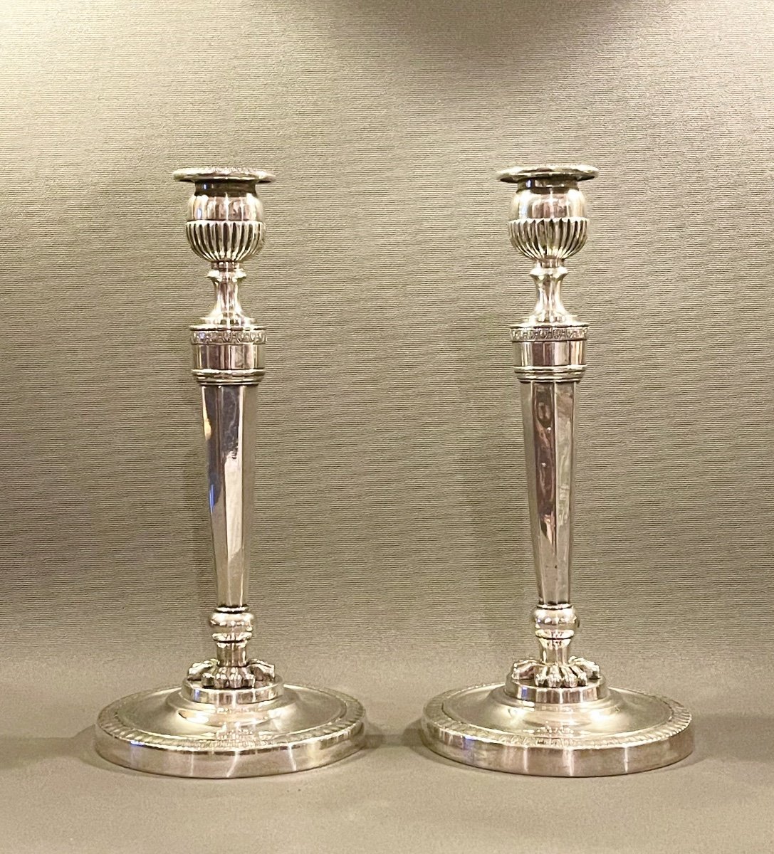 Paire De Flambeaux Et Ses Bobèches En Argent Par Ambroise Mignerot. Paris, 1809-1819. -photo-2