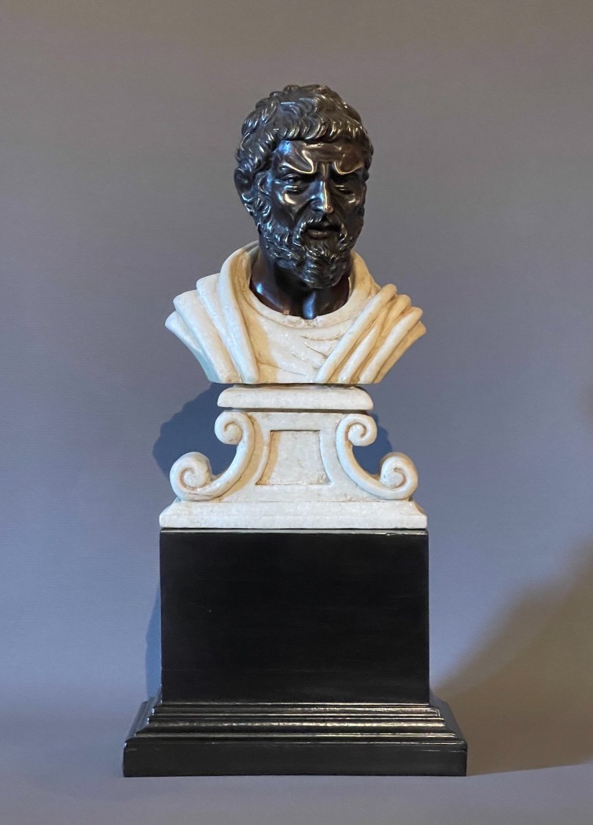 An Italian White Marble And Patinated Bronze Bust Of Aristotle. 