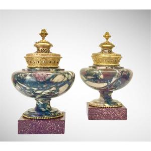 A Pair Of Louis XVI Brechia Marble, Porphyry And Ormulu Brûle-parfum Vases. 