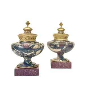 A Pair Of Louis XVI Brechia Marble, Porphyry And Ormulu Brûle-parfum Vases. 