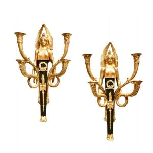 A Large Pair Of Empire Ormulu And Patinated Bronze Four-light Wall-lights. Early 19th Century. 