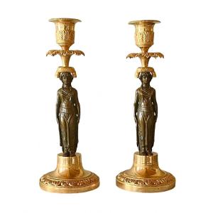 A Pair Of Consulat Gilt-bronze And Patinated-bronze Candlesticks. Early 19th Century.