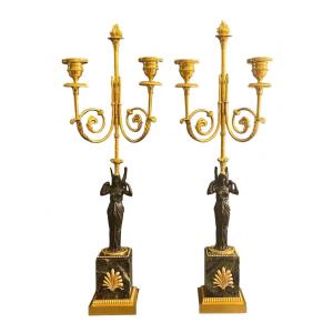 A Pair Of Directoire Gilt-bronze And Patinated-bronze Two-light Candelabra. Late 18th Century. 