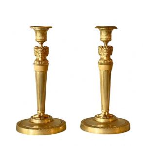 A Pair Of Empire Gilt-bronze Candlesticks, After Claude Galle. Early 19th Century. 