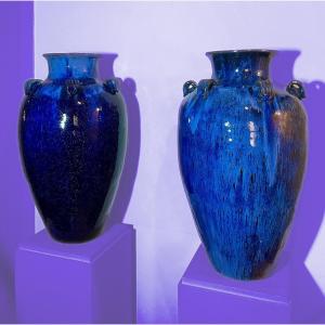 Paire De Très Grands Vases Ovoïdes Art Nouveau En Grès Céramique. Vers 1900.