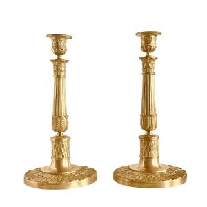 A Pair Of Empire  Gilt-bronze Candlesticks . Early 19th Century. 