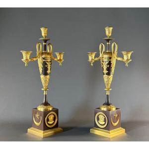 An Important Pair Of Empire Three-light Candelabra Attributed To Claude Galle.