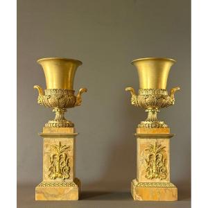 A Pair Of Large Charles X Gilt-bronze Medici Vases. Circa 1820.