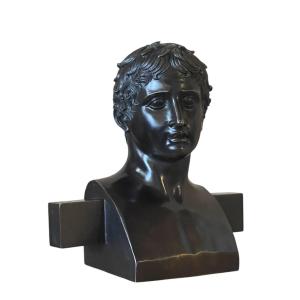 A Patinated Bronze Herm-head Of The Doryphorus. Naples, 19th Century.