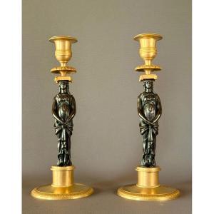Paire de flambeaux en bronze doré et bronze patiné d'époque Consulat, vers 1800