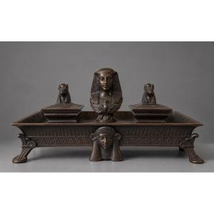 Neo-egyptian Patinated Bronze Inkwell. Second Half Of The 19th Century