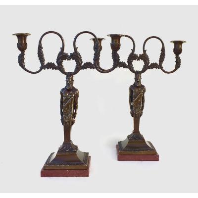 Pair Of Patinated Bronze Candelabra Decorated With Bearded Atlanteans. 19th Century.