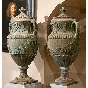 A Pair Of Monumental Louis XVI Terracotta Three-piece  Lidded Vases.