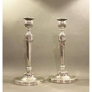 A Pair Of French Silver Candlesticks By Ambroise Mignerot. Paris, 1809-1819.