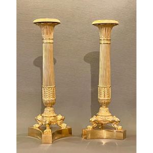 A Pair Of Charles X Gilt-bronze Tripod Candlesticks. Circa 1820. 