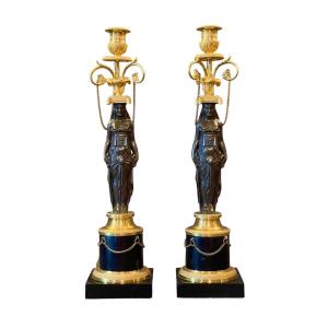 A Pair Of Consulat Bronze And Marble Candlesticks. Circa 1800. 