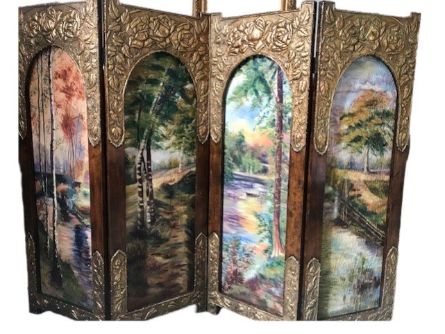 Art Deco Screen 4 Leaves Oils On Canvas, Fabric And Brass Ornaments