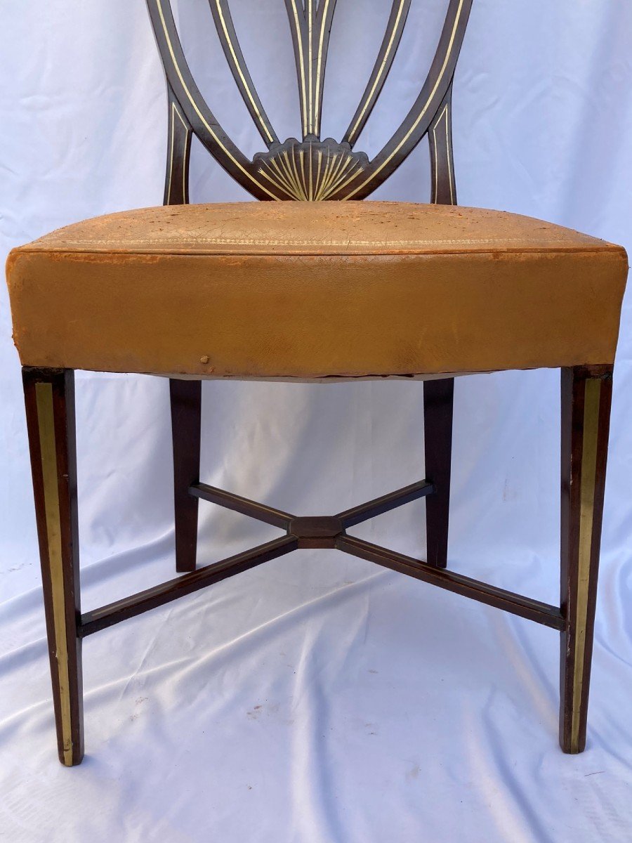 Series Four English Hepplewhite Chairs Mahogany Leather Early 20th Century-photo-4