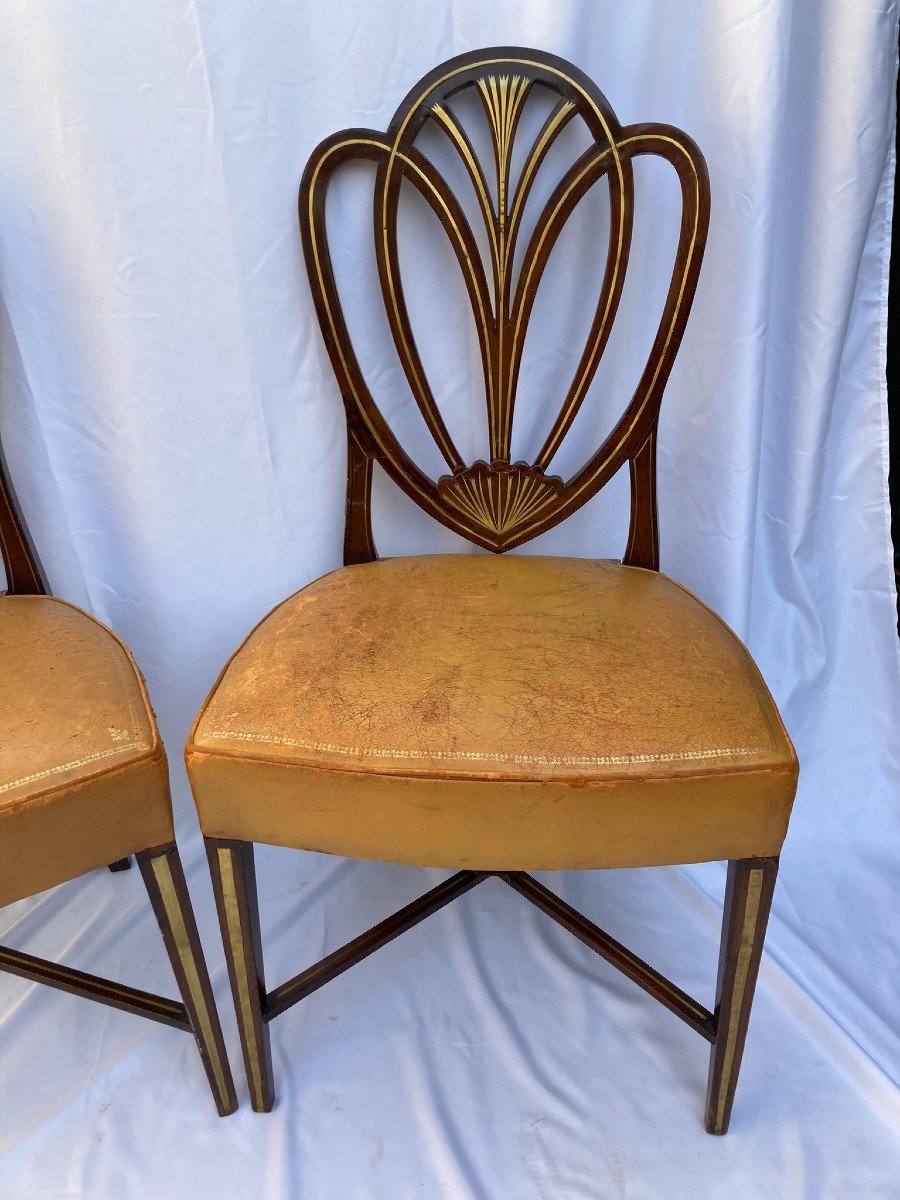 Series Four English Hepplewhite Chairs Mahogany Leather Early 20th Century-photo-5