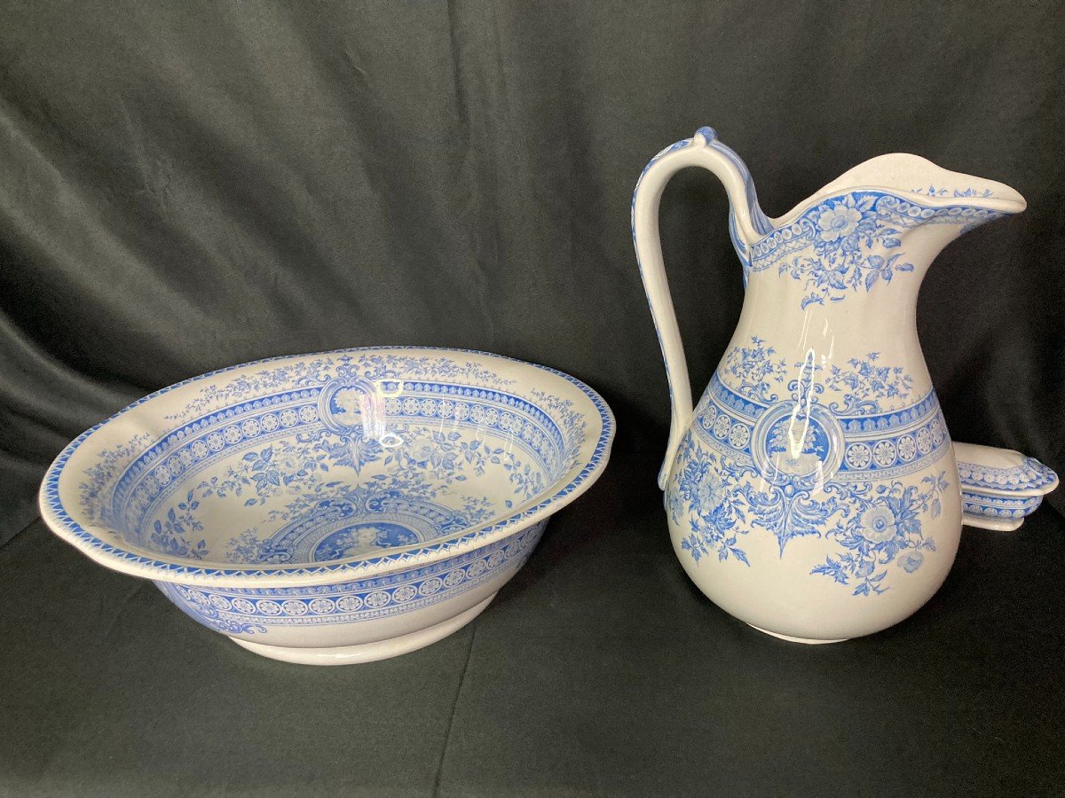 Sarreguemines, Turned Wood Cabinet And Earthenware Toilet Set Late 19th Century-photo-4