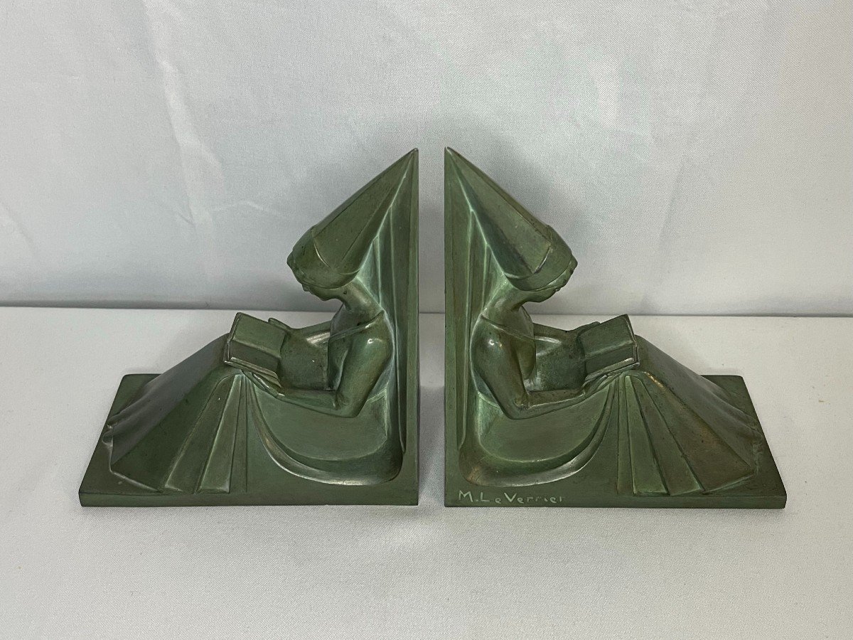 Le Verrier (max), Pair Of Middle Ages Women's Bookends Circa 1930-photo-2